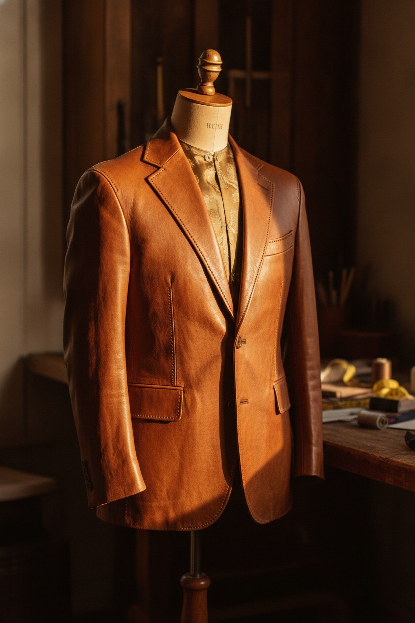 Ismarlama taba rengi deri blazer ceket giyen model